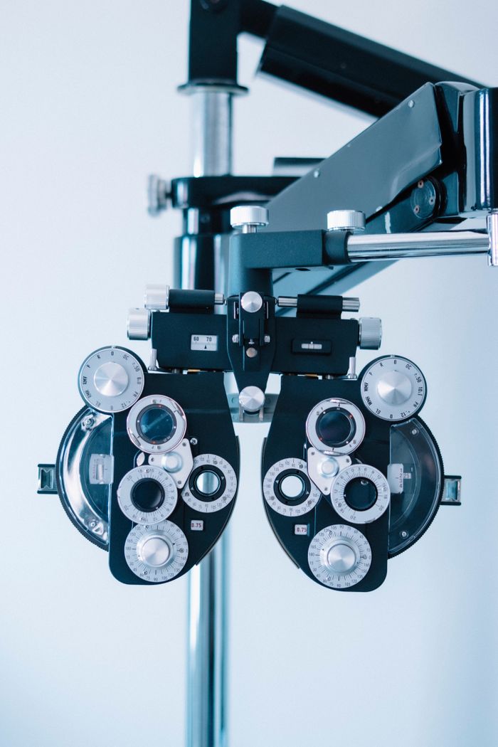 Close-up of optometry equipment for eye testing in a modern clinic.